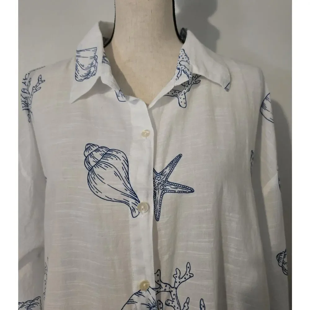 Women's Blue Island Blue/White Shells Top Tunic 100% Cotton Sz 3XL - Picture 2 of 7